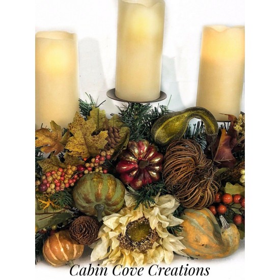 Fall Floral Arrangement Decorated 3 Arm Candleholder Centerpiece