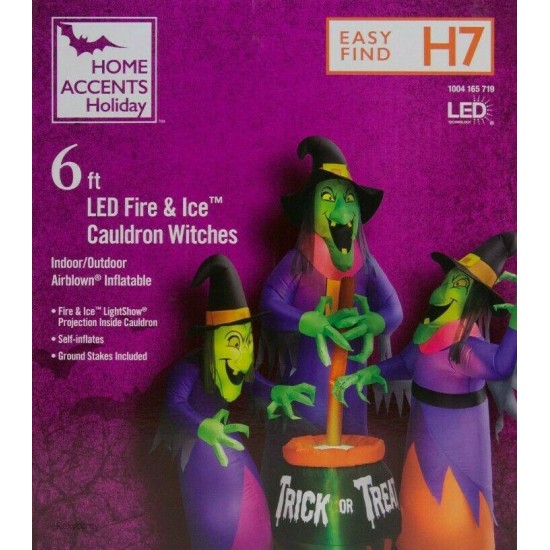 Home Accents 6 Ft LED Fire and Ice Cauldron Witches Trio Inflatable New