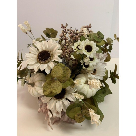 Autumn Pumpkin Centerpiece, Fall White Pumpkin And Sunflower Tabletop Decor