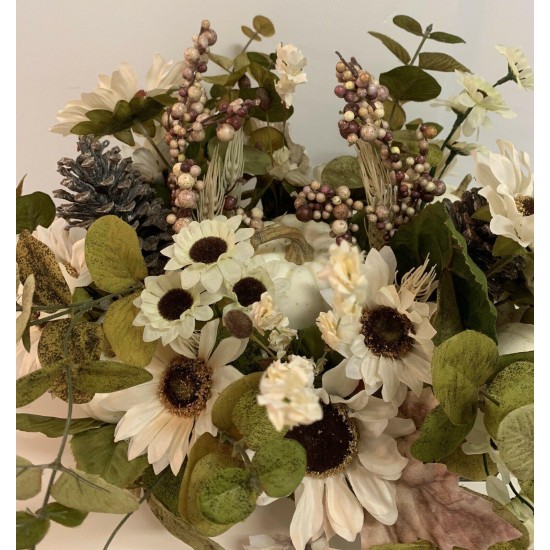 Autumn Pumpkin Centerpiece, Fall White Pumpkin And Sunflower Tabletop Decor