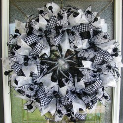 Black White and Silver Spider Halloween Deco Mesh Front Door Wreath, Porch Patio