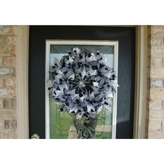 Black White and Silver Spider Halloween Deco Mesh Front Door Wreath, Porch Patio