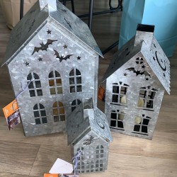 Martha Stewart Galvanized Haunted House Halloween Light Up Set Of Three Chic