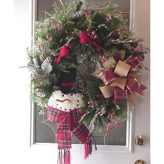 WINTER SNOWMAN COUNTRY FARMHOUSE CARDINALS EVERGREENS WREATH DOOR DECOR