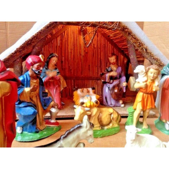 Vintage LARGE 14-Piece Lighted Musical Nativity Scene Creche Italy Silent Night