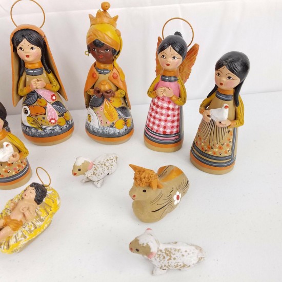 Vtg Hand Made Painted Clay Russian Doll Christmas Nativity Set Figurines
