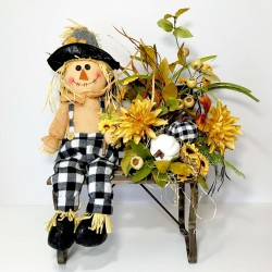 FALL SCARECROW LARGE WOOD BENCH ARRANGEMENT AUTUMN THANKSGIVING CENTERPIECE NEW