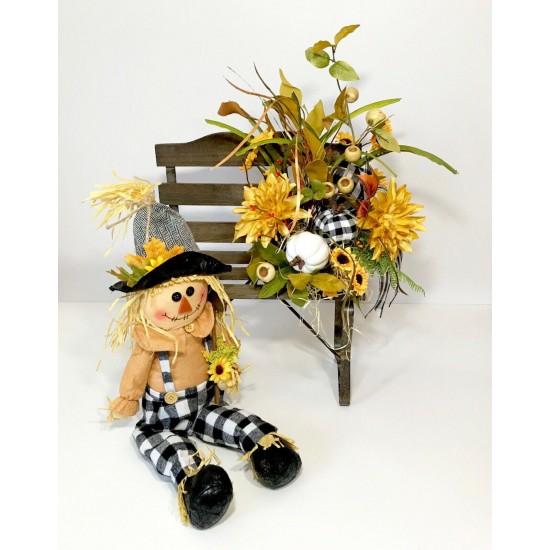 FALL SCARECROW LARGE WOOD BENCH ARRANGEMENT AUTUMN THANKSGIVING CENTERPIECE NEW