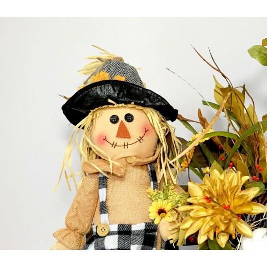 FALL SCARECROW LARGE WOOD BENCH ARRANGEMENT AUTUMN THANKSGIVING CENTERPIECE NEW