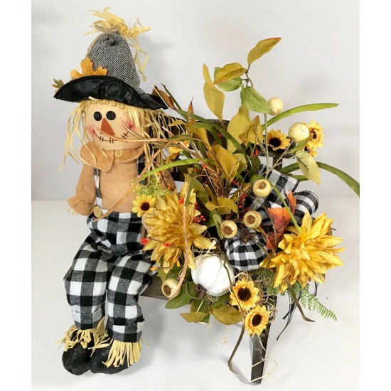 FALL SCARECROW LARGE WOOD BENCH ARRANGEMENT AUTUMN THANKSGIVING CENTERPIECE NEW