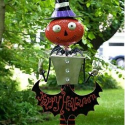 5ft Tall Metal Pumpkin Head Witch 'Happy Halloween' Figurine Decoration