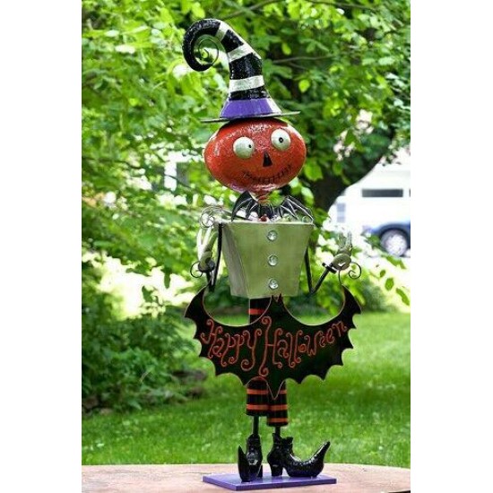 5ft Tall Metal Pumpkin Head Witch 'Happy Halloween' Figurine Decoration