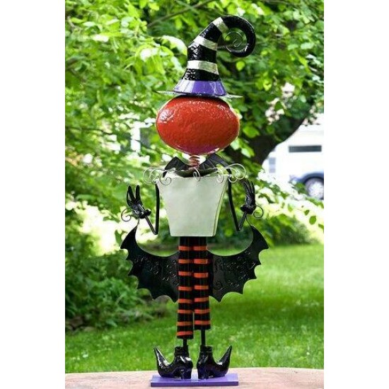 5ft Tall Metal Pumpkin Head Witch 'Happy Halloween' Figurine Decoration