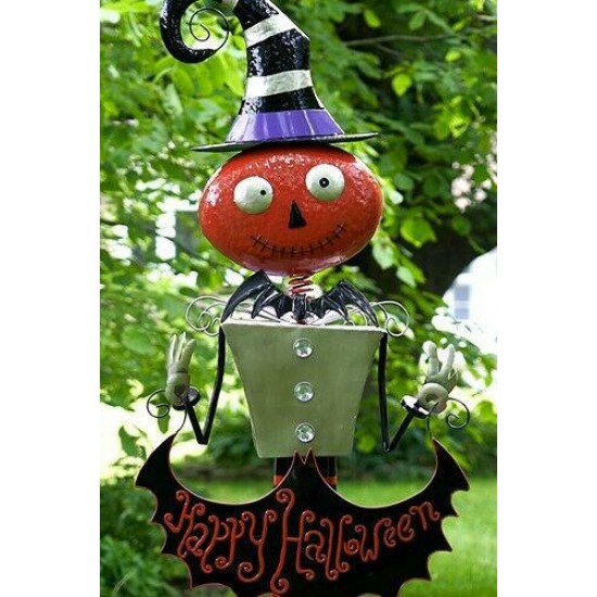 5ft Tall Metal Pumpkin Head Witch 'Happy Halloween' Figurine Decoration