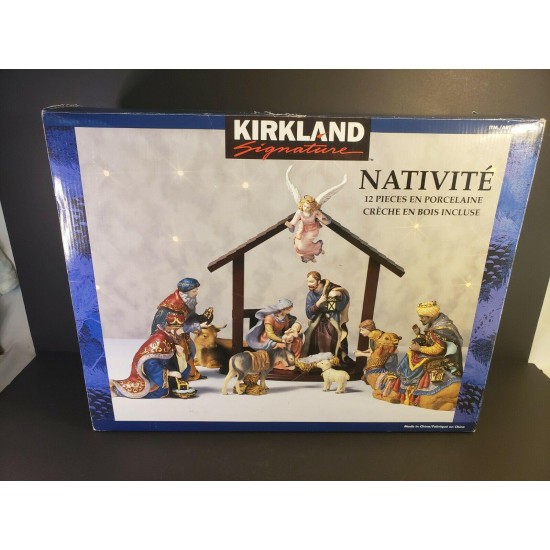 Kirkland Signature 12 Piece Porcelain Nativity Set 75177 with Wood Creche in Box