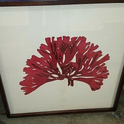 Rare  HTF Pottery Barn  Mango Wood Framed Embroidered Red Coral Art Good Cond