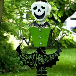 4.3ft Tall Metal Skeleton Man with Top-hat 'Happy Halloween' Figurine Decoration