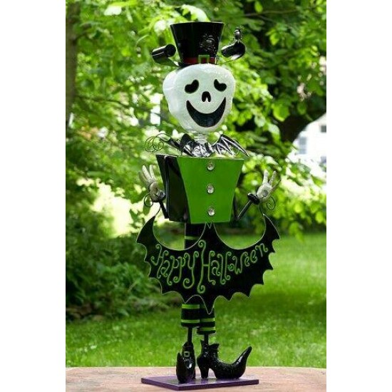 4.3ft Tall Metal Skeleton Man with Top-hat 'Happy Halloween' Figurine Decoration