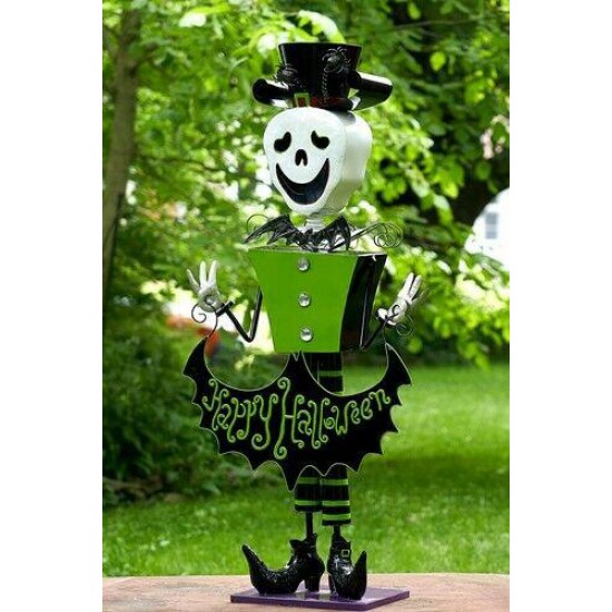 4.3ft Tall Metal Skeleton Man with Top-hat 'Happy Halloween' Figurine Decoration