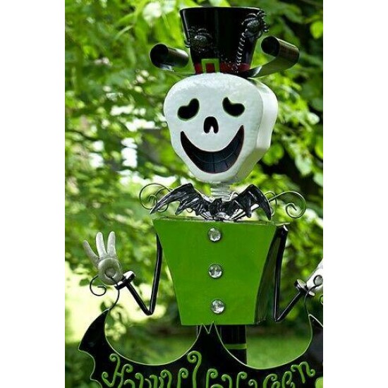 4.3ft Tall Metal Skeleton Man with Top-hat 'Happy Halloween' Figurine Decoration