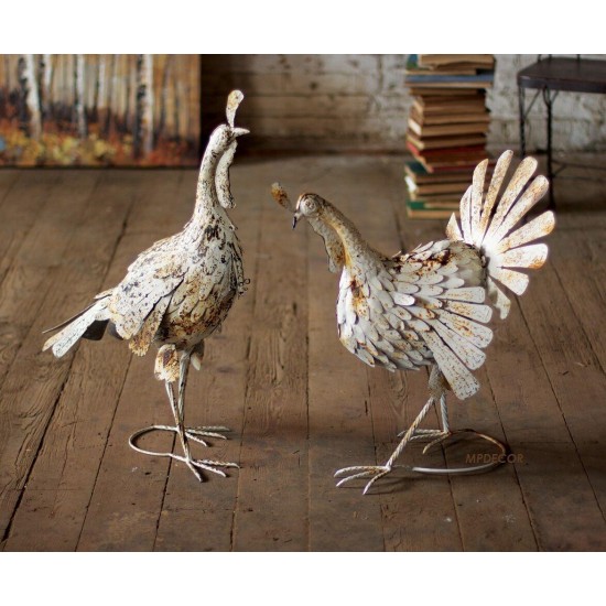 Rustic Metal Turkeys Distressed Antique White Farmhouse Thanksgiving Decor Set/2