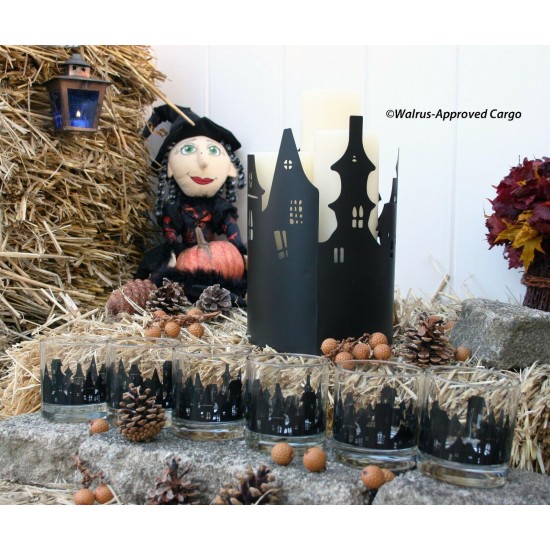 CRATE & BARREL HAUNTED VILLAGE DRINK DISPENSER STAND & TUMBLERS -NWT- BEWITCHING