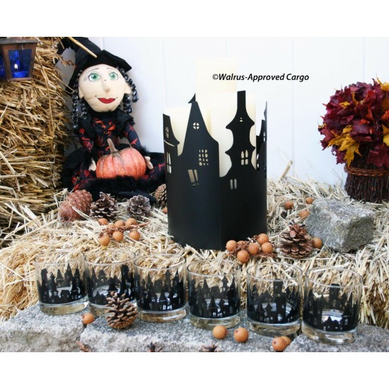 CRATE & BARREL HAUNTED VILLAGE DRINK DISPENSER STAND & TUMBLERS -NWT- BEWITCHING