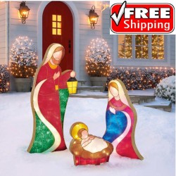 Outdoor 3Pc Nativity Scene Set LED Lighted Figures Christmas Decor 3 Piece