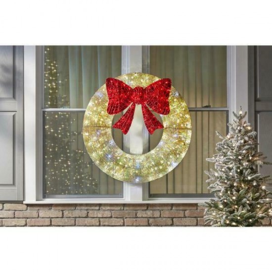 Twinkling Holiday Wreath White with Red Bow 3 FT Indoor Outdoor Christmas Decor