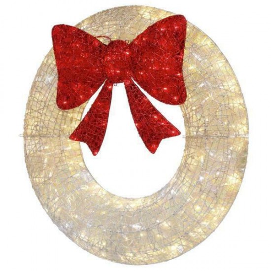 Twinkling Holiday Wreath White with Red Bow 3 FT Indoor Outdoor Christmas Decor