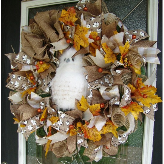 Darling Woodland Owl Fall Deco Mesh Front Door Wreath Halloween Decoration Decor