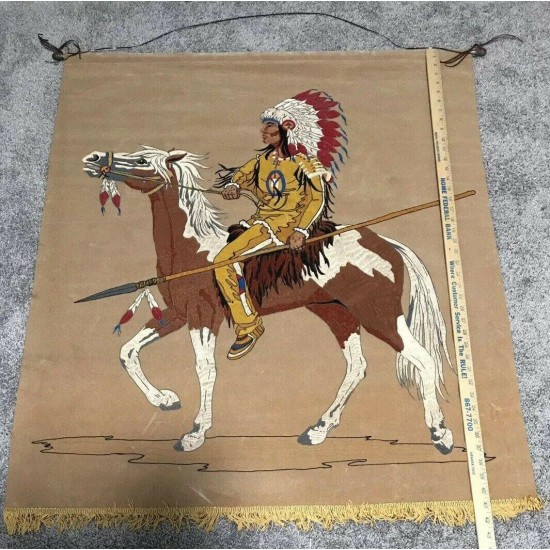 Vtg Native American 41 x 35 Lighted Wall Hanging Tapestry Mural w/ Wood Dowel