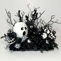 BLACK WHITE PUMPKINS SPIDERS HALLOWEEN DECORATION LARGE CENTERPIECE ARRANGEMENT