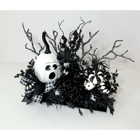 BLACK WHITE PUMPKINS SPIDERS HALLOWEEN DECORATION LARGE CENTERPIECE ARRANGEMENT