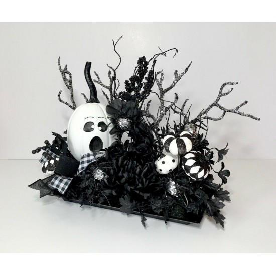 BLACK WHITE PUMPKINS SPIDERS HALLOWEEN DECORATION LARGE CENTERPIECE ARRANGEMENT