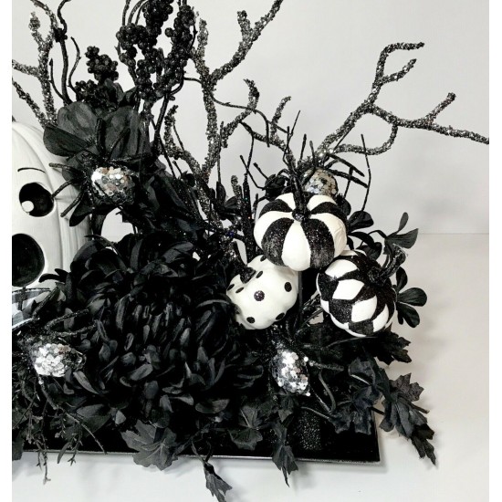 BLACK WHITE PUMPKINS SPIDERS HALLOWEEN DECORATION LARGE CENTERPIECE ARRANGEMENT