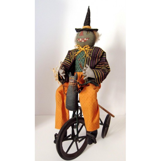 Vintage Primitive Folk Art HALLOWEEN GREEN WITCH on TRIKE by Sylvia Carlson.