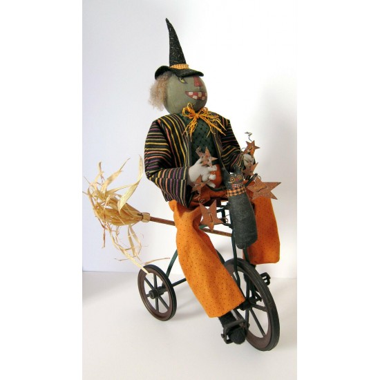 Vintage Primitive Folk Art HALLOWEEN GREEN WITCH on TRIKE by Sylvia Carlson.