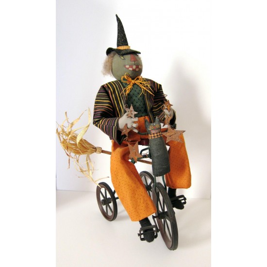 Vintage Primitive Folk Art HALLOWEEN GREEN WITCH on TRIKE by Sylvia Carlson.