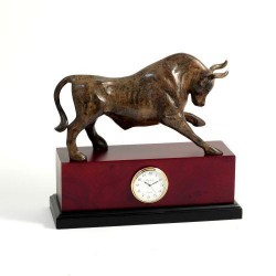 Bey Berk Brass Bull Sculpture With Quartz Clock