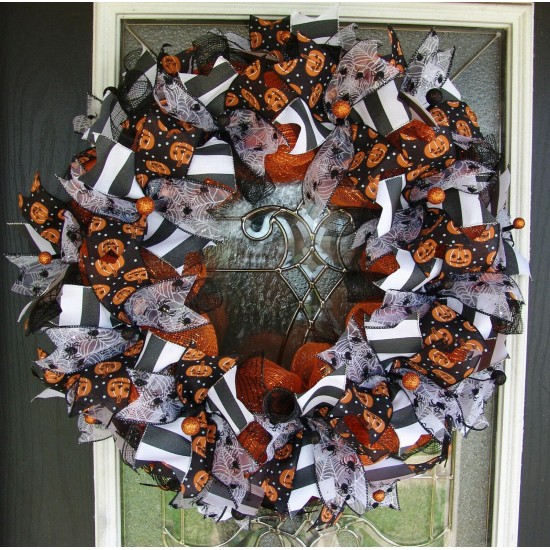 Black White & Orange Jack-o-Lantern Halloween Front Door Wreath Party Decoration