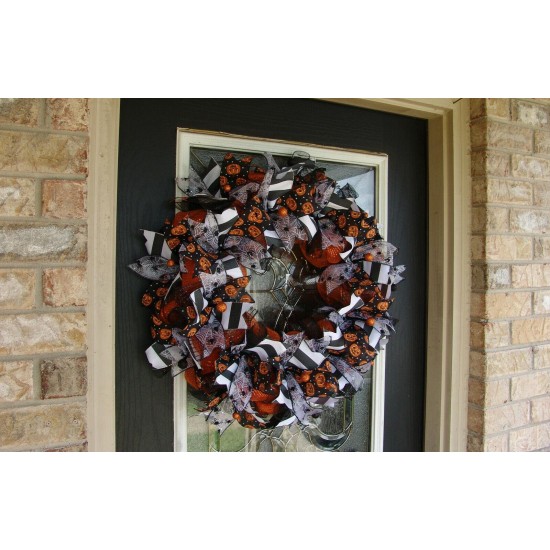 Black White & Orange Jack-o-Lantern Halloween Front Door Wreath Party Decoration