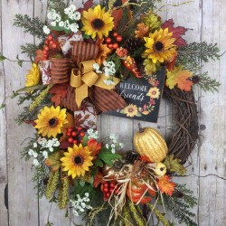 Fall Door Wreath, Autumn Door Wreath, Welcome Sign Wreath, Sunflowers, Pumpkins