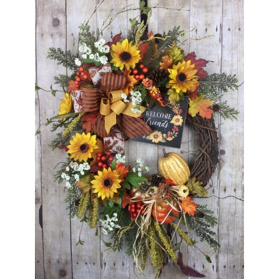 Fall Door Wreath, Autumn Door Wreath, Welcome Sign Wreath, Sunflowers, Pumpkins