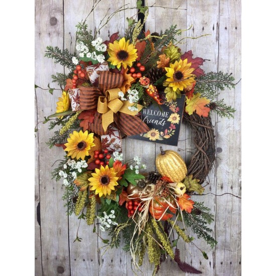 Fall Door Wreath, Autumn Door Wreath, Welcome Sign Wreath, Sunflowers, Pumpkins