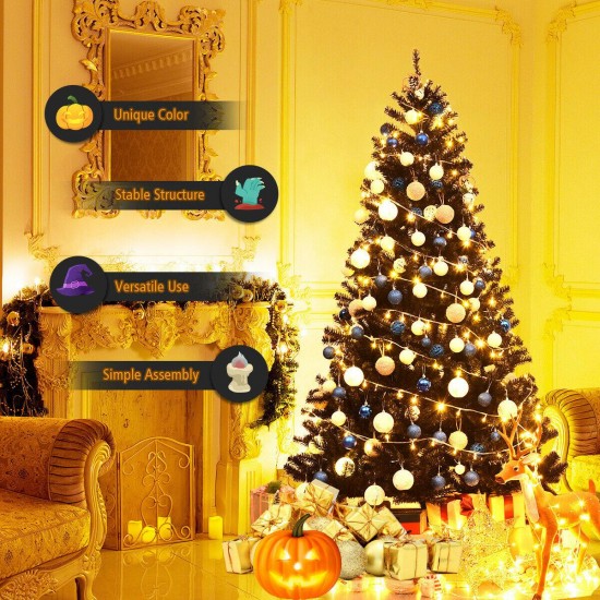 7.5Ft Hinged Artificial Halloween Christmas Tree Full Tree w/ Metal Stand Black