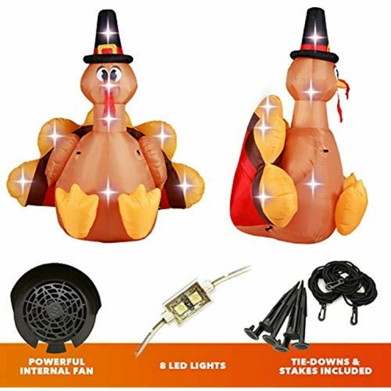 Holidayana 6ft Inflatable Turkey Pilgrim Hat Thanksgiving Decoration Built-in