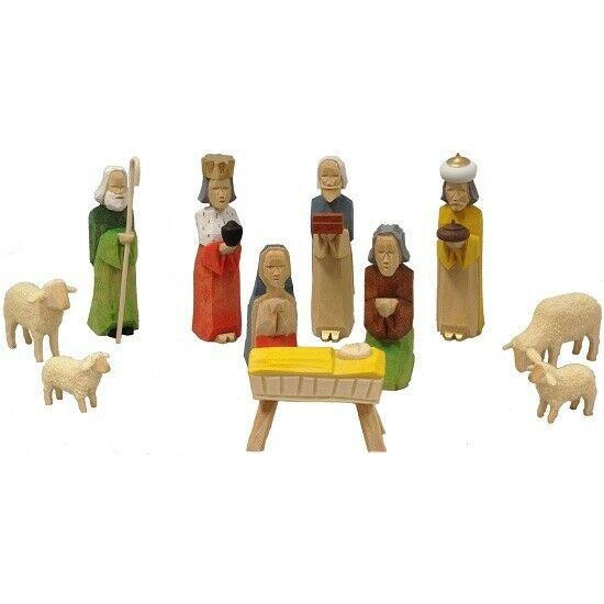 Colored German Carved Wood Christmas Nativity Scene Set of 11 Pieces  Germany