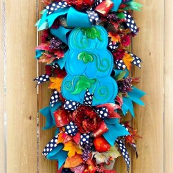 Fall Autumn Floral Door Swag Wreath Teal Color Pumpkin Home Decor Thanksgiving