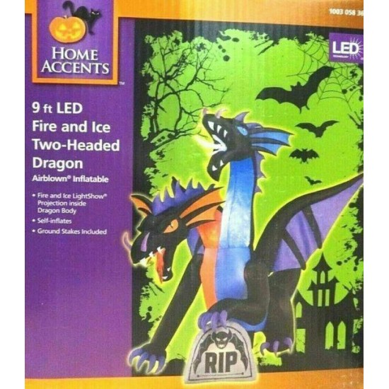 Gemmy 8ft 2 Headed Fire and Ice Dragon W/flaming Mouth Inflatable